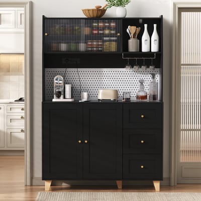 Sweiko Dressoir - Barkast - Met stopcontacten - 3 laden - Glazenrek - Verstelbare planken - Zwart