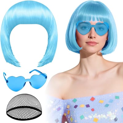 Korte Blauwe Perücke met Hartvormige Zonnebril en Hoofdband voor Vrouwen, Synthetische Bob Haarstukken voor Cosplay en Dagelijks Gebruik, Leuk en Speels Accessoire