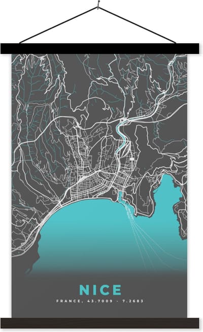 Posterhanger incl. Poster 40x60 cm - Schoolplaat - Kaart - Plattegrond - Nice - Frankrijk - Stadskaart - Textielposter - Zwarte latten - Stadskaart