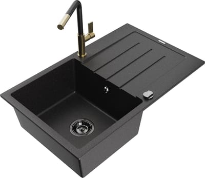 Mexen Bruno granieten spoelbak 1-komorsig met afdruiprek en keukenkraan Flora, zwart/zilver metallic - 6513-73-670401-57-B