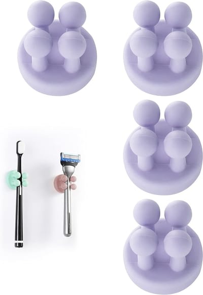 Multifunctionele Silicone Tandborstelhouder en Scheermes Houder - Waterdicht, Zelfklevend en Ideaal voor Badkamer, Keuken en Kantoor - Set van 4 (Paars)