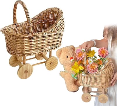 Rotan Baby Buggy Mand - Rieten Kinderwagen Decoratie - Bloemstukken Maken - Charmant Vintage Design - S - Natuurlijk