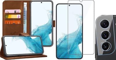 Hoesje geschikt voor Samsung Galaxy S22 - Book Case Kunstleer Wallet Cover Portemonnee Pasjeshouder Hoes Bruin - Tempered Glass Screenprotector - Camera Lens Protector