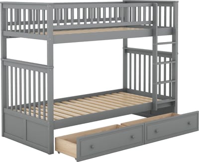 Merax Stapelbed 90 x 200 cm voor Kinderen - Multifunctioneel Bed met Schubladen en Cabrio-functie - Houten Frame in Grijs