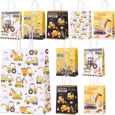 Set van 10 Papieren Cadeauzakken voor Bouwplaats met Handvatten, Ideaal voor Kinderfeestjes, Snoepzakken en Bedankjes