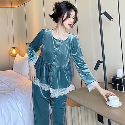Fluweel Warme Huispak Kant Pyjama Lente en Herfst Lange Mouw Pyjama 2-delige Set Effen Kleur Fluweel Pyjama Huispak XL gray