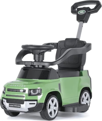 Land Rover Defender 2-in-1 Loopauto 1 tot 3 jaar – Officieel Gelicentieerde Loopauto met Duwstang, Beschermbeugels & Voetsteun – Meegroei-auto met Opbergvak & Anti-slip Wielen – Groen