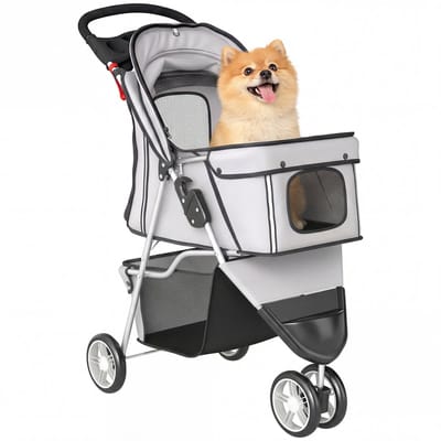 Hondenbuggy - opvouwbare buggy voor honden en katten - met mand en zonwering - grijs