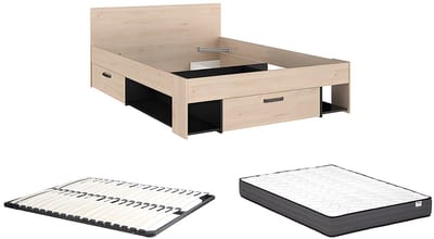 Vente-unique Bedframe hout zwart, natuurlijk licht 140 x 190 cm, 140 x 200 cm