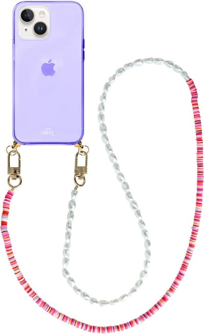 xoxo Wildhearts silicone case met koord - Paars telefoonhoesje met koord - telefoonketting - Island Girl - long - Cord Case - geschikt voor Apple iPhone 13 - Lange parelketting / kralenketting - Parels - Wit / Roze
