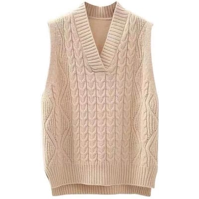 Dames Trui Vest Gebreide Pullover Lente en Herfst Losse Koreaanse Versie van Alles-match Dames Stijl Mouwloos Bovenkleding Vest S beige