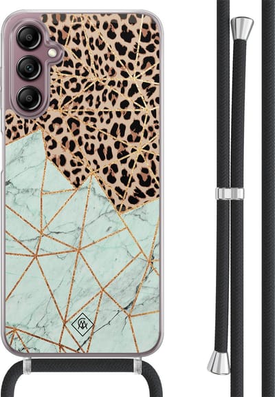 Casimoda® hoesje met koord - Geschikt voor Samsung A14 - Luipaard Marmer Mint - Afneembaar koord - TPU/acryl - Mint