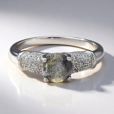 Cavill - Zilveren Ring 925 Sterling Zilver - Natural Spectroliet 0,69 ct Ronde Steen - 10 Witte Topaas Pavé - Elegante Sieraad Maat 17