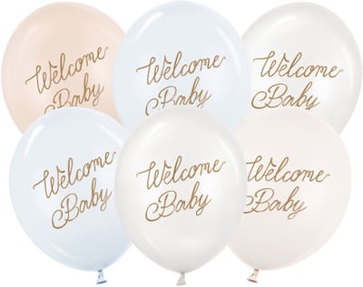 PartyDeco - Latex ballonnen 'Welcome Baby' - mix pastelkleuren blauw/ wit - 6 stuks