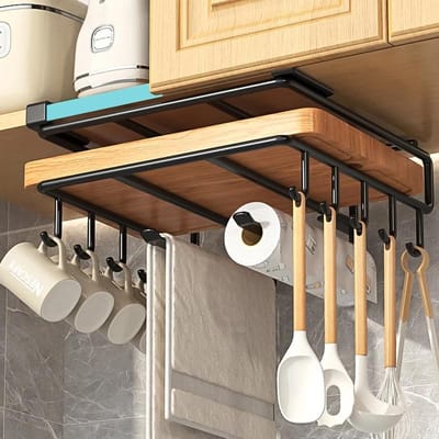 Keukenophangrek met haken onder kast Papieren handdoekdoeken Hanger Snijplank Potafdekking Houder Opbergplank double-deck black