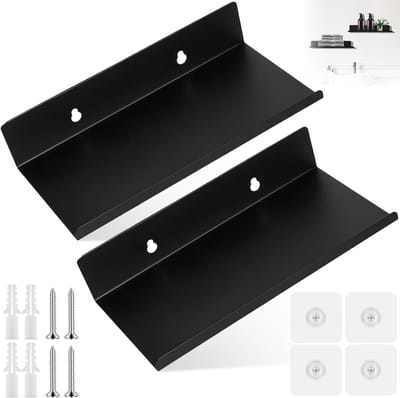 Set van 2 kleine zwevende wandplanken 20 x 10 x 4 cm - Zwart metalen rek voor badkamer, keuken, slaapkamer en kantoor, eenvoudig te installeren zonder boren