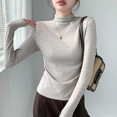 T-shirt de base à col mi-haut pour femmes Automne et Hiver Chaud Manches longues Coupe slim Couleur unie Polyvalent Haut à col moyen XXL gray