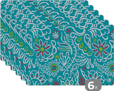 Placemat - Placemats kunststof - Bloemen - Bladeren - Tropisch - Design - 45x30 cm - 6 stuks - Hittebestendig - Anti-Slip - Onderlegger - Afneembaar