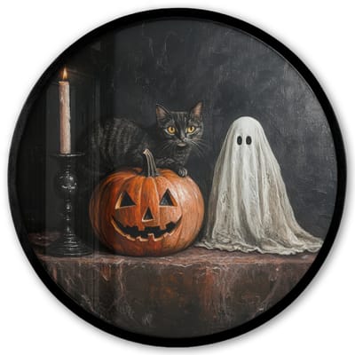 Poster in lijst Rond - Fotolijst 40x40 cm - Posters - Halloween - Pompoen - Spook - Zwarte kat - Stilleven - Ronde posterlijst zwart - Decoratie - Wanddecoratie woonkamer - Muurdecoratie slaapkamer