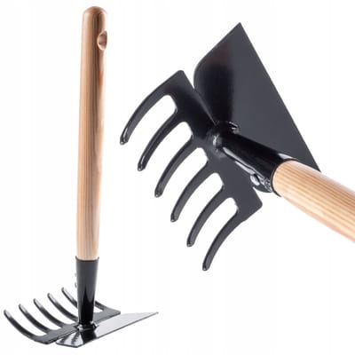 KADAX Kleine hak van metaal, tuinhak met korte steel, dubbele hakken, hakjes, robuuste combihaak voor het zaden van onkruid (6 tanden, trapeziumvorm)