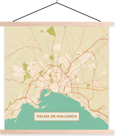Posterhanger incl. Poster 40x40 cm - Schoolplaat - Mallorca - Stadskaart - Vintage - Plattegrond - Kaart - Textielposter - Blanke latten - Stadskaart