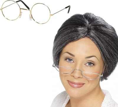 Smiffys - Oma Sarah carnaval verkleed set - pruik grijs met knotje - en oma brilletje