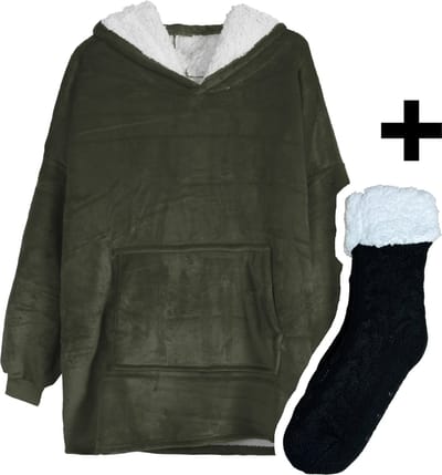 Zoem - Fleece deken met mouwen Legergroen - inclusief fleece sokken - combi deal - fleece plaid - sweater -super zacht - 280 gsm - trui - Hoodie - Snuggle Hoodie - Oversized fleece - wintertrui