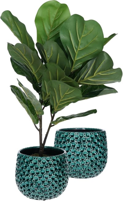 Mega Collections Plantenpot/bloempot Pebblo - 2x - keramiek/geglazuurd - blauw - druppels - D21 x H17 cm