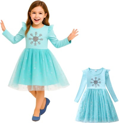 Joya Kids® Blauwe Verkleedjurk Meisjes | Lichtblauw Jurkje met Lange Mouwen & Tule Rok | Comfortabele Prinsessenjurk voor Kinderen | T-shirt Stof | Prinsessenjurk meisje | Maat 130 | 7-8 Jaar