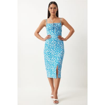 Bloemengebroken Ribbel Bodycon Midi-jurk met Split
