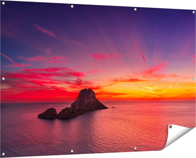 Gards Tuinposter Ibiza Rotsen Eiland bij Zonsondergang - 150x100 cm - Tuindoek - Tuindecoratie - Wanddecoratie buiten - Tuinschilderij