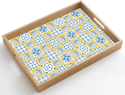 Dienblad hout 50x35 cm - Schootdienblad - Patroon - Tegel - Geel - Blauw - Borrelplank rechthoek - Plateau dienbladen