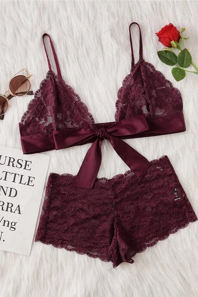 La Nuita Bordeauxrood Kanten Bh Set Dames - Bralette met Grote Satijnen Strik en Korte Slip - Tweedelige Lingerie Set (S t/m XL)