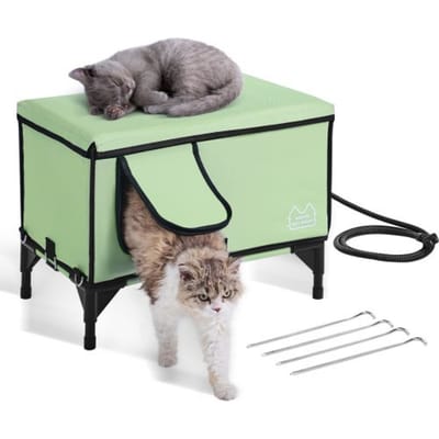 VEVOR Verhoogd Verwarmd Kattenhuis, Kubusvormig Kattenhuis met Instelbare Temperatuur en Timer, Opvouwbaar Kattenhuis van 900D Oxford-stof met Verwarmd Kussen voor de Winter om het Warm en Gezellig te Houden, Groen (Midden)