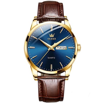 Olevs - Herenhorloge - Mannen - Zilveren Polsband - Goud en Blauw - Horlogedoos -