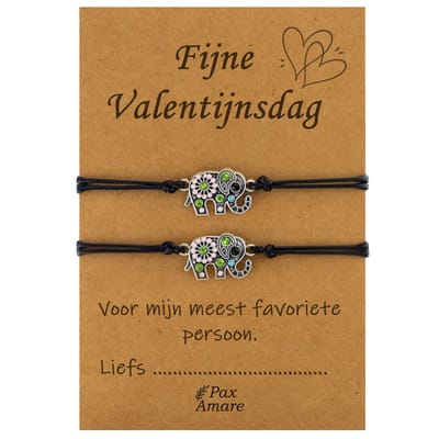 Koppel Armbandjes voor 2 "Fijne Valentijnsdag" - Olifant - BFF Armbandjes met Cadeau Kaartje - Zwart & Zilverkleurig - Elastisch Verstelbaar - Pax Amare