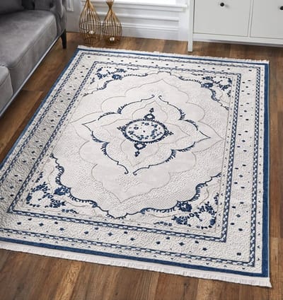 ARTOIS - Creme-Blauw - 120x180cm, Laagpolig vloerkleed met franjes