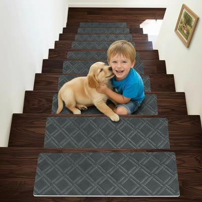 Set van 15 Zelfklevende Trapmatten voor Binnengebruik 55 x 19 cm Herbruikbaar Antislip en Op Maat Te Snijden voor Huisdieren en Oudere Kinderen - Donkergrijs