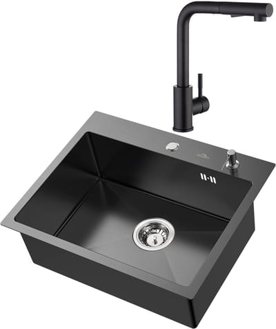 Auralum max Spoelbak Antraciet 55x45CM - Spoelbak Keuken Met Keukenkraan - Spoelbakken Keuken Met Zeepdispenser - Wasbak Keuken - Met Kraangat RVS