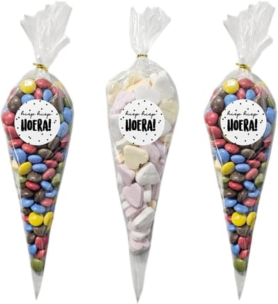 Dailygoods- Puntzakken 50 Stuks - Transparante Cellofaan Zakjes 30x16cm - Hiep Hiep Hoera Stickers - Verjaardag Traktatie - Stevig Polypropyleen - Ideaal voor Verpakken - Traktatiezakjes
