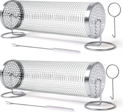 Grillmand, 2 stuks rolling grillmand, cilindrische grillmand, roestvrij staal, grillmanden, BBQ-accessoires, rollende grillmand voor buitenbarbecue, groenten, grillmand, camping, essentials,