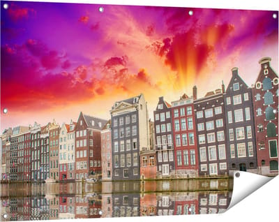 Gards Tuinposter Amsterdamse Huisjes bij het Kanaal - Kleur - 120x80 cm - Tuindoek - Tuindecoratie - Wanddecoratie buiten - Tuinschilderij