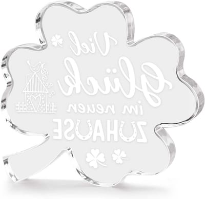 Mooie akryl wanddecoratie met klavertje vier - Perfect cadeau voor verhuizing naar nieuw huis - Symbolische geluksplaat 10,5x11,5 cm, interieurdecoratie, gelukssymbool