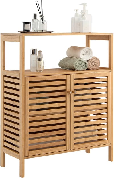 COSTWAY Bamboe Badkamer Opbergkast, Vrijstaande Opslag Organisator met Open Plank en Dubbele Louvered Deuren, Verwijderbare Plank, Bamboe Vloerkast voor Badkamer, Woonkamer, Keuken, Ingang