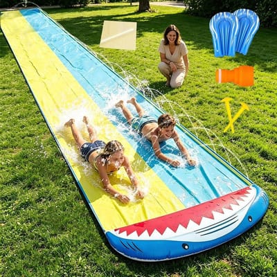 Waterglijbaan Dubbel - Zomerpret Glijbaan - Tuin Waterspelen - Geïntegreerde Sprinkler - 480 cm Lang - Groen