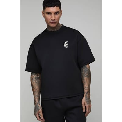 Lang Oversized Boxy Bonded Scuba Doodle Bloemenprint T-shirt | Black | Size Small