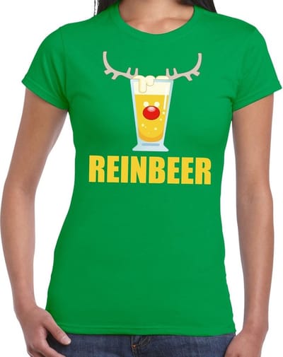 Foute Kersttrui t-shirt - Reinbeer - groen - voor dames - drank thema - korte mouwen S