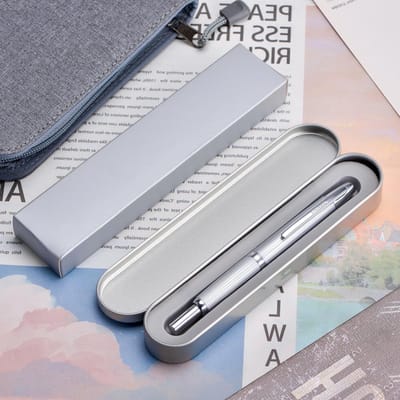 Stijlvolle vulpen met clip, fijne nib en drukknop, inclusief inktconverter en metalen doos, geborsteld mat chroom