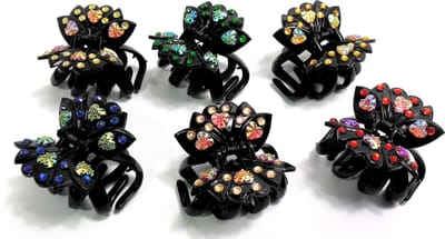 6 haarklemmen 6,5 cm zwart met strass hartjes+punten diverse kleuren