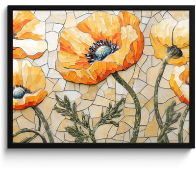 Poster in lijst - Fotolijst 70x50 cm - Posters - Klaprozen - Oranje - Mozaïek - Bladeren - Posterlijst zwart - Decoratie - Wanddecoratie woonkamer - Muurdecoratie slaapkamer
